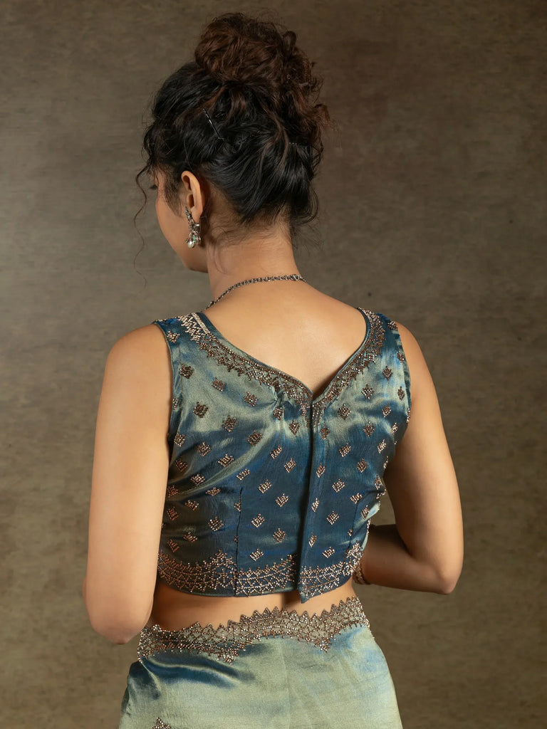 Fascinating Dusty Blue Hand Work Organza Party Wear Saree With Blouse