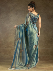 Fascinating Dusty Blue Hand Work Organza Party Wear Saree With Blouse