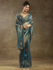 Fascinating Dusty Blue Hand Work Organza Party Wear Saree With Blouse