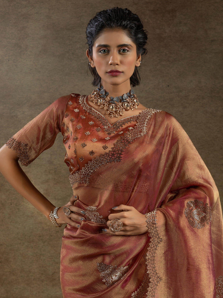 Bewitching Orange Zircon Work Organza Event Wear Saree With Blouse
