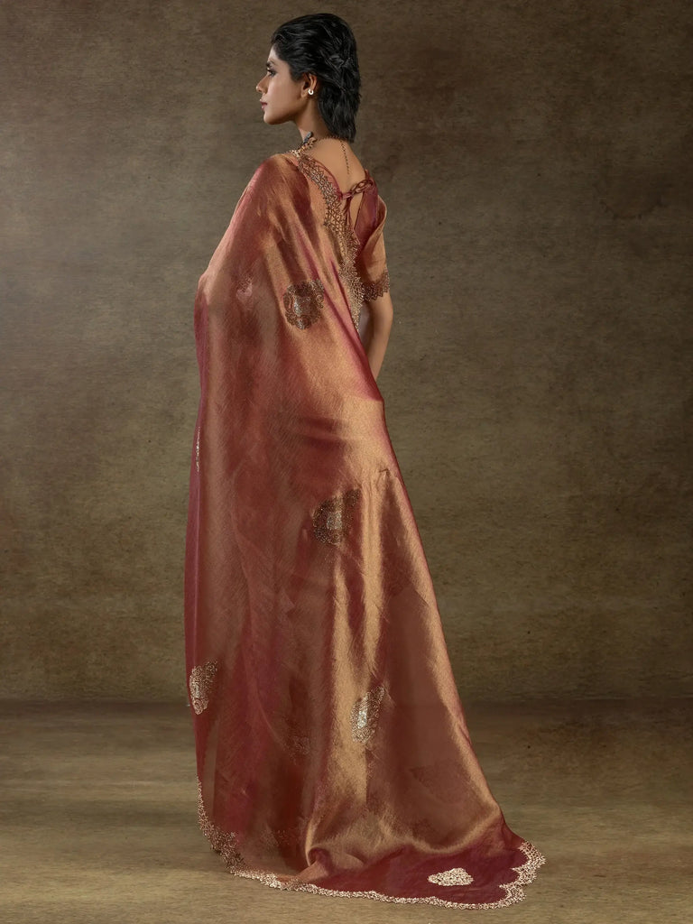 Bewitching Orange Zircon Work Organza Event Wear Saree With Blouse
