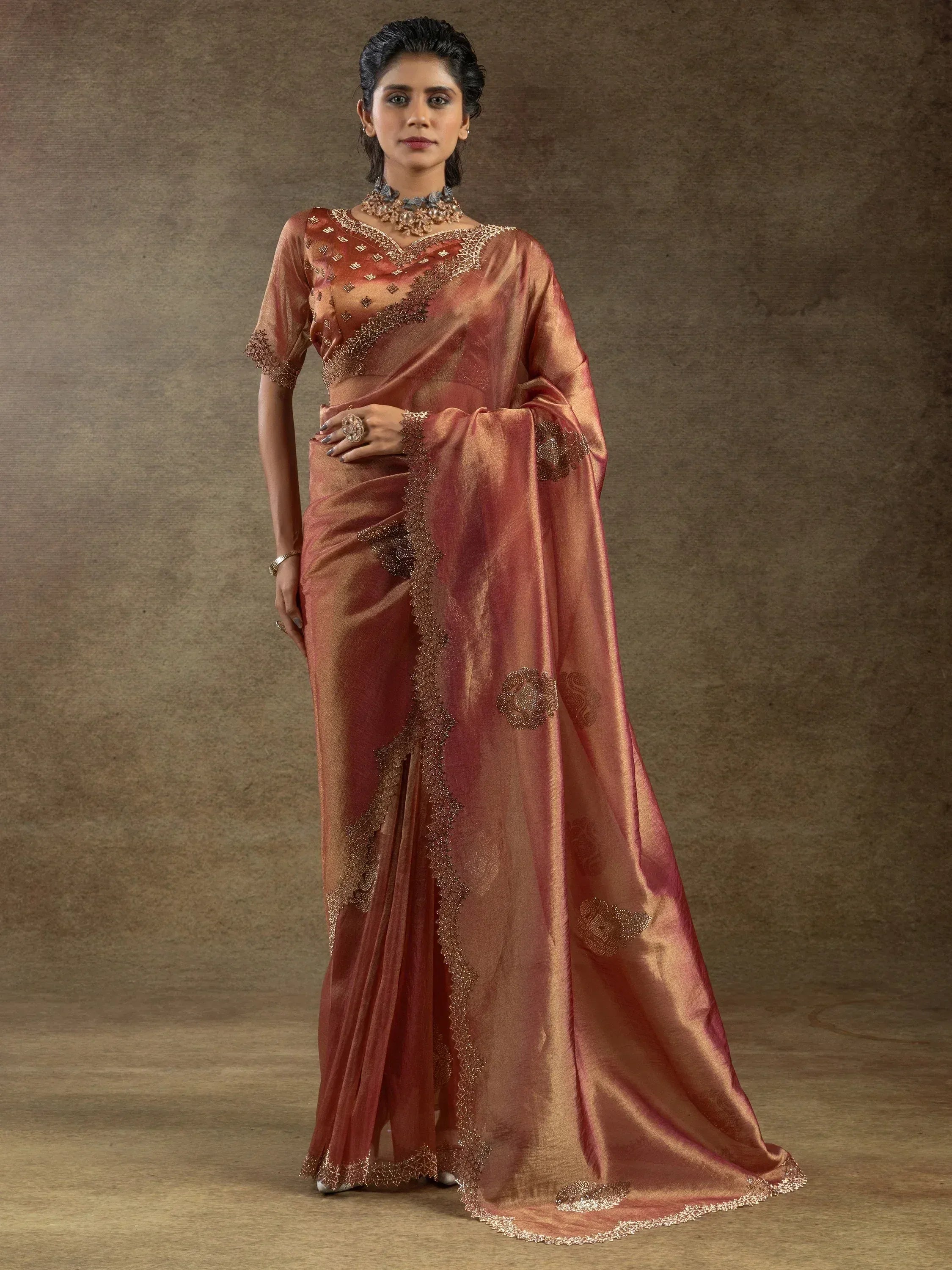 Elegant maroon saree with gold embroidery and designer blouse for ethnic wear