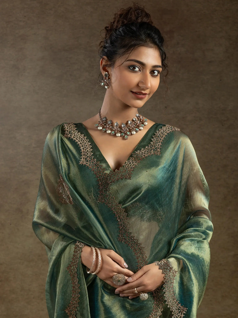 Gorgeous Green Hand Work Reception Wear Saree With Blouse