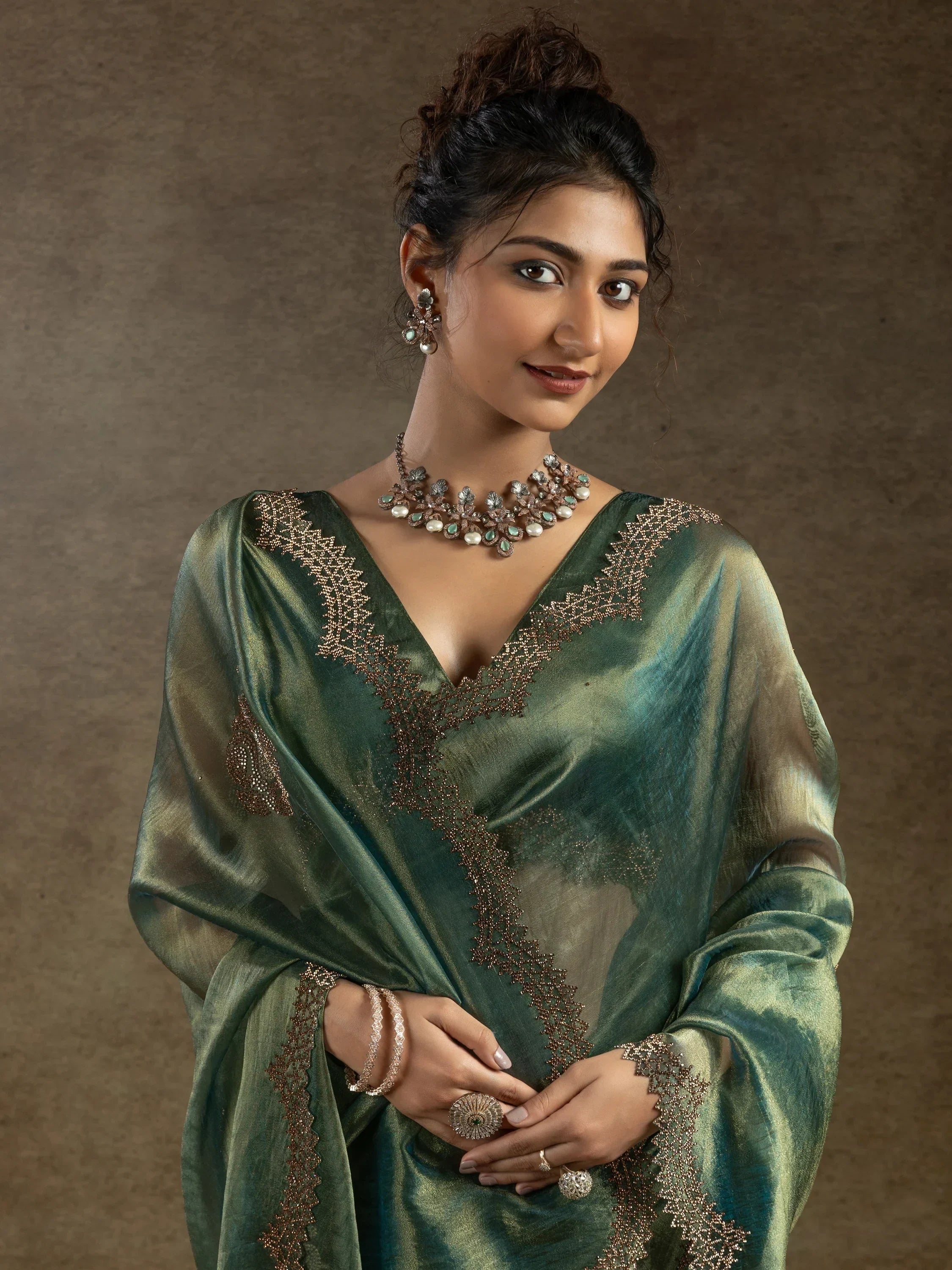 Gorgeous Green Hand Work Reception Wear Saree With Blouse