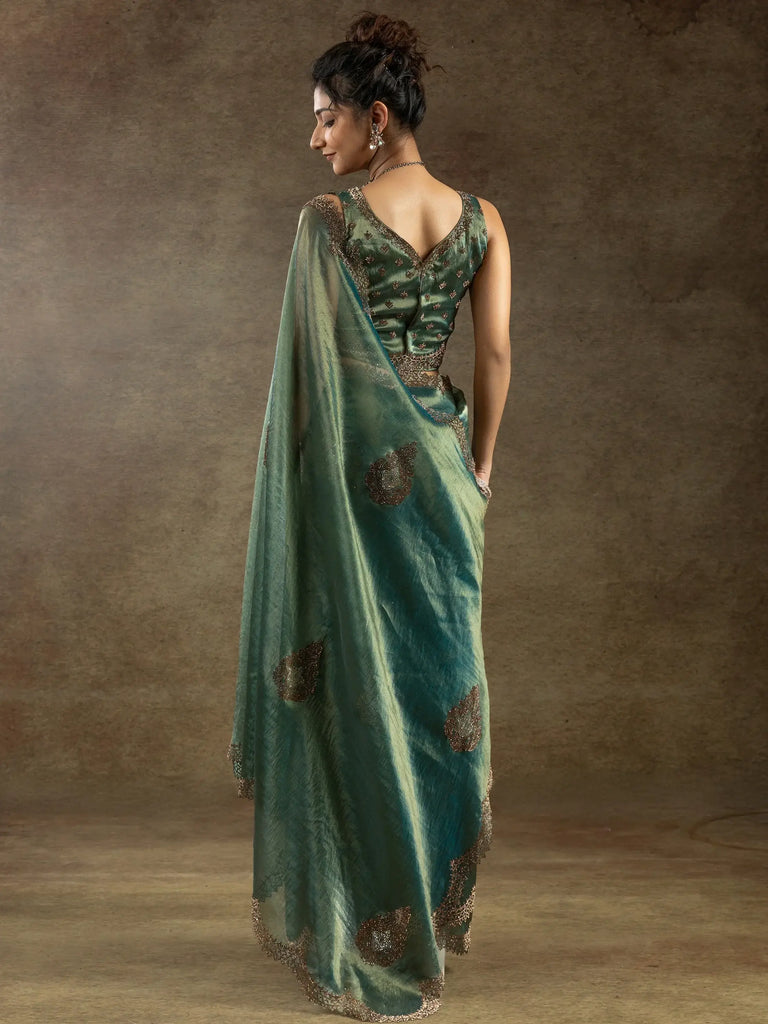 Gorgeous Green Hand Work Reception Wear Saree With Blouse