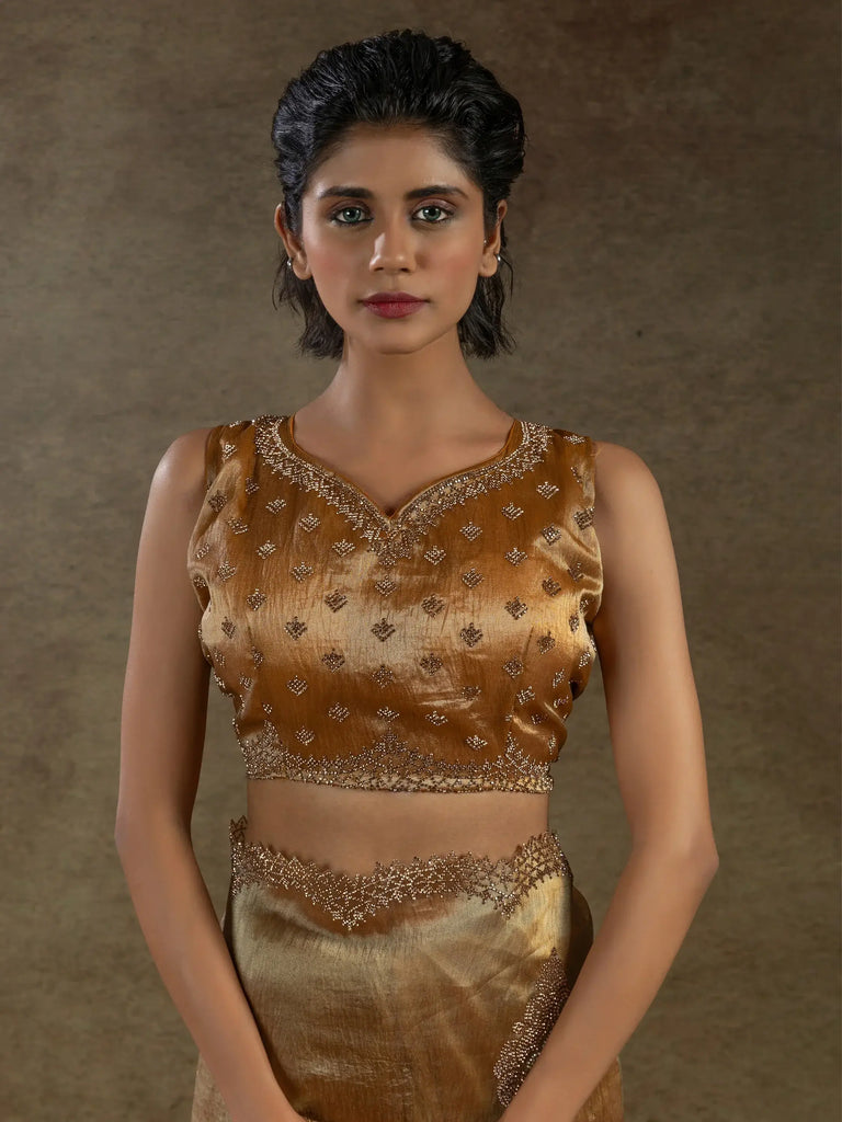 Charming Brown Zircon Work Organza Party Wear Saree With Blouse
