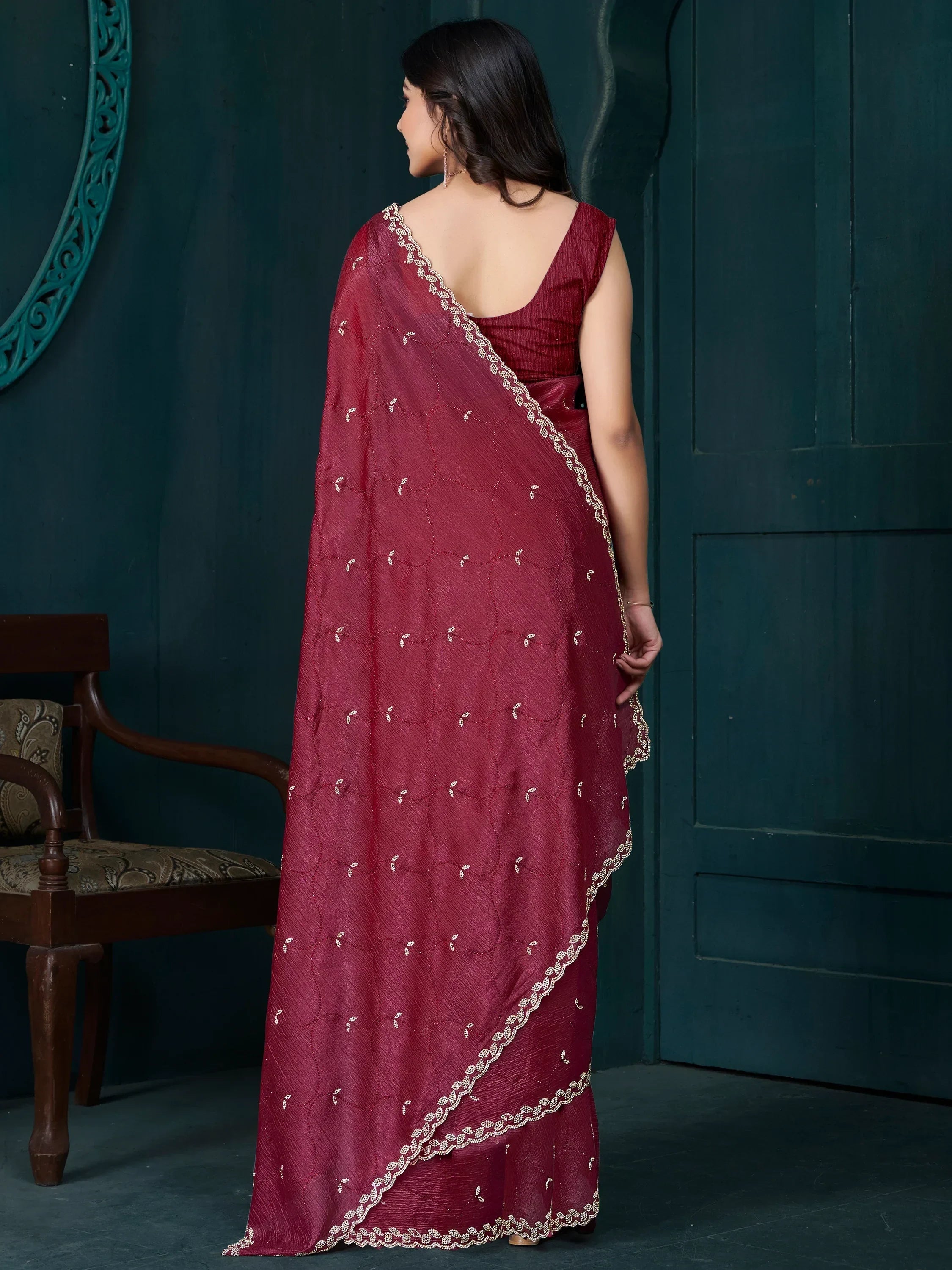 Fascinating Maroon Jarkan Work Crepe Party Wear Saree With Blouse