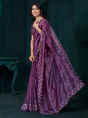 Wonderful Purple Thread Embroidered Silk Party Wear Saree With Blouse