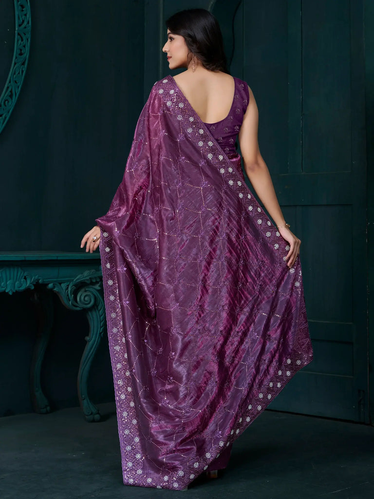 Wonderful Purple Thread Embroidered Silk Party Wear Saree With Blouse