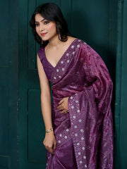 Wonderful Purple Thread Embroidered Silk Party Wear Saree With Blouse