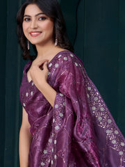 Wonderful Purple Thread Embroidered Silk Party Wear Saree With Blouse