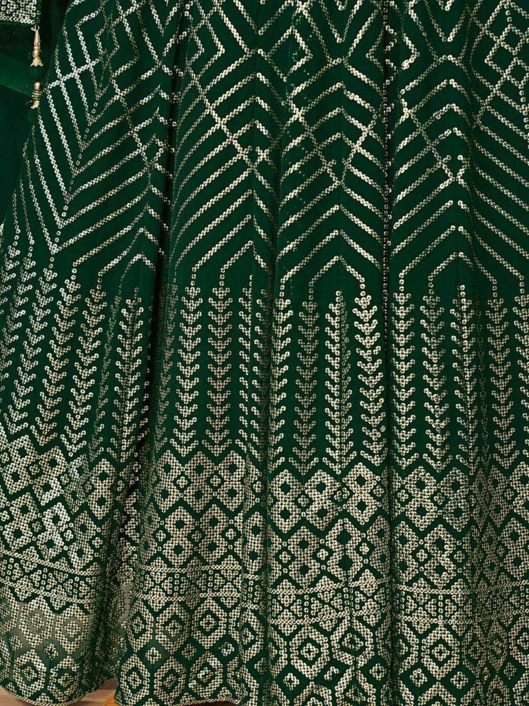 Lavish Emerald Green Sequined Georgette Festive Wear Gown