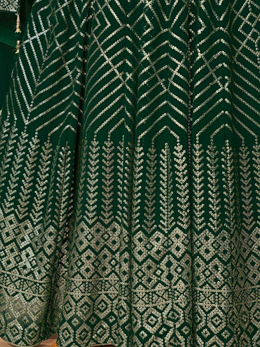 Emerald green lehenga with gold geometric embroidery, ethnic wear for weddings