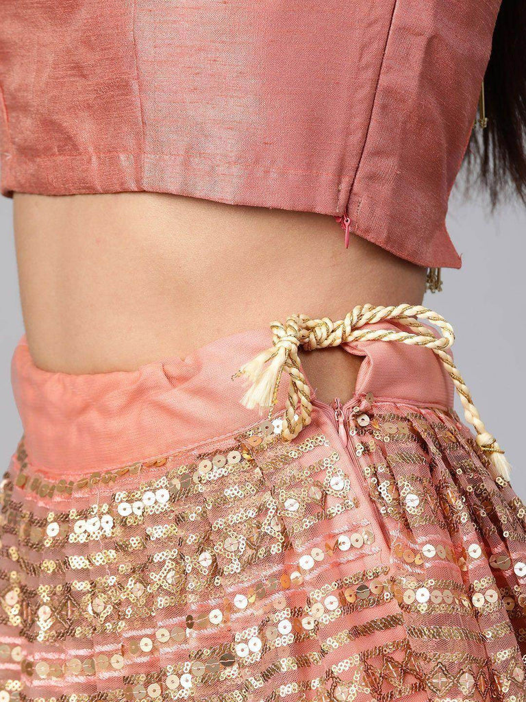 Peach-Coloured & Golden Semi-Stitched Myntra Lehenga & Unstitched Blouse with Dupatta