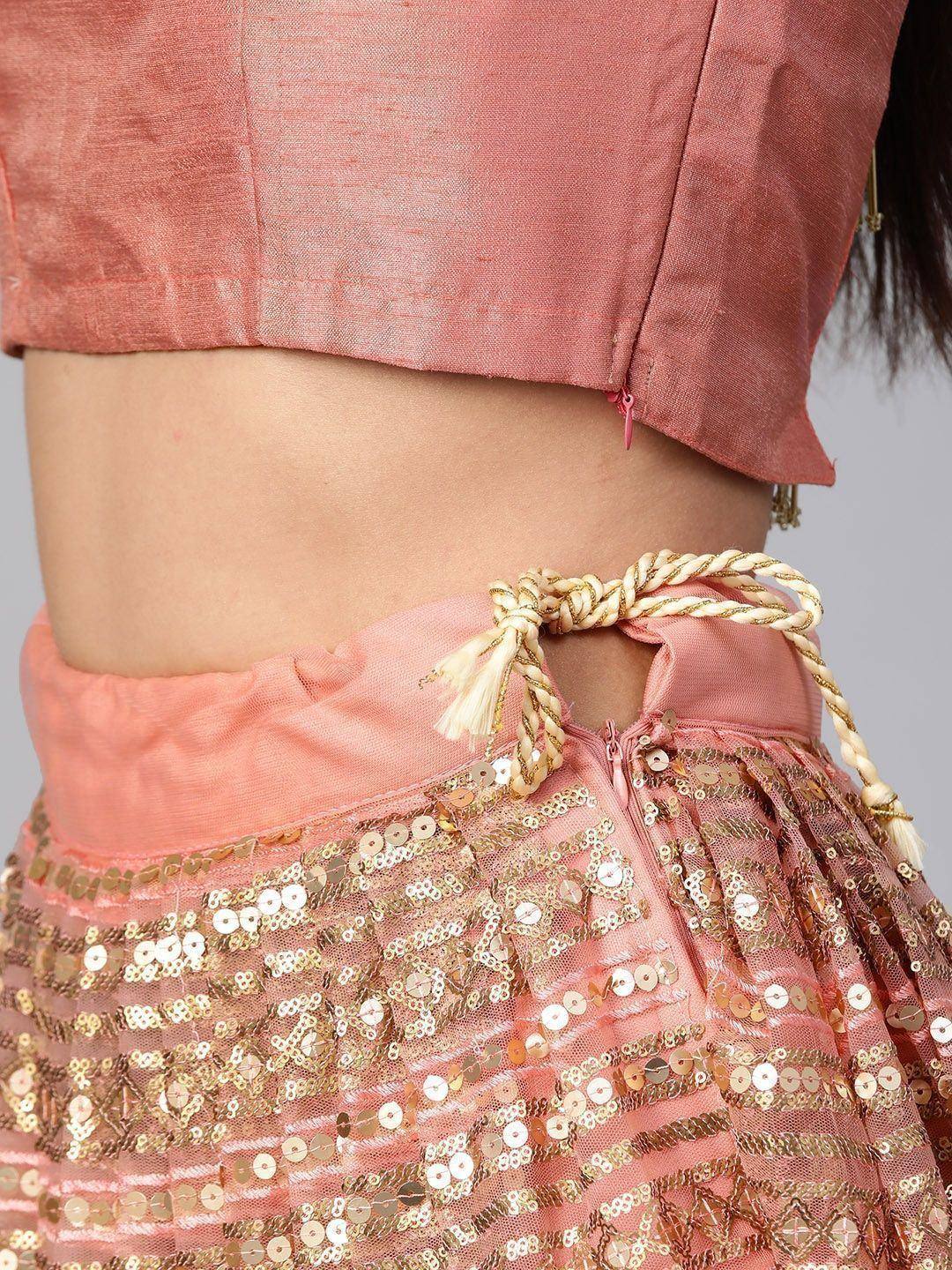 Pink sequin lehenga with gold thread tie and crop top, ethnic Indian wear