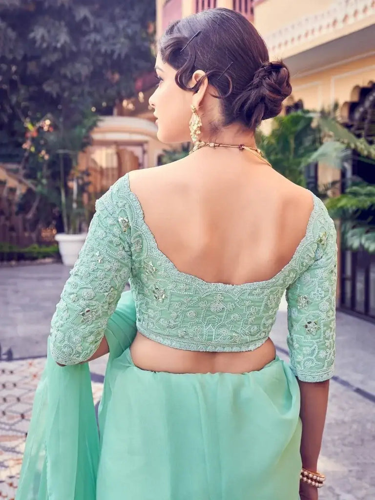 Classy Sea-green Sequins Organza Party Wear Ruffle Saree With Blouse