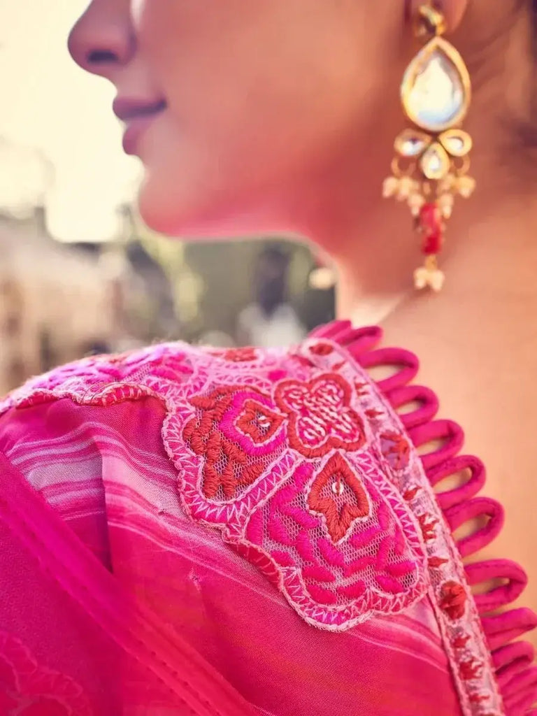 Ravishing Pink Sequins Orangza Party Wear Ruffle Saree With Blouse