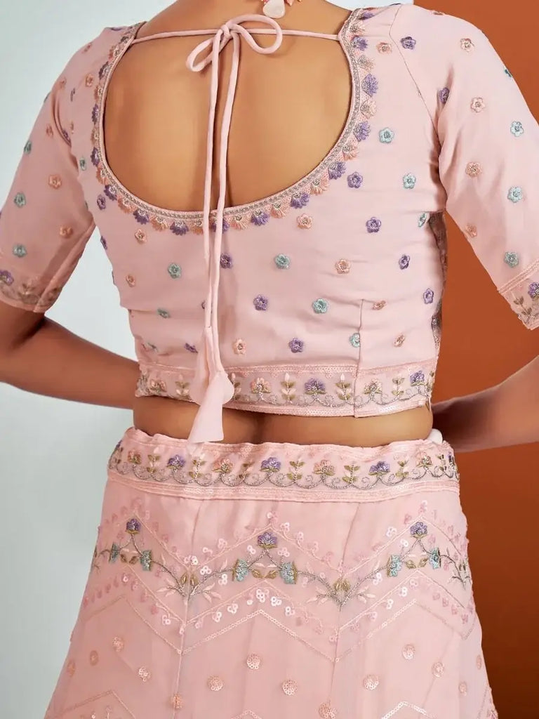 Beauteous Peach Georgette Sequined Wedding Wear Lehenga Choli