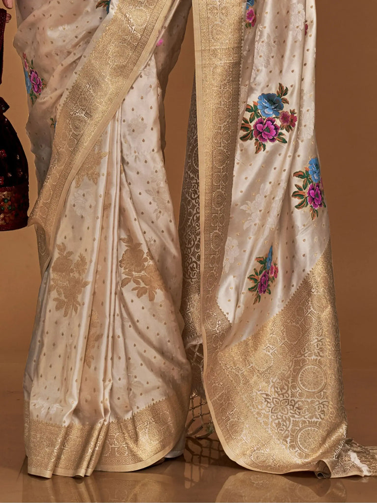 Gorgeous Cream Floral Weaving Satin Festival Wear Saree With Blouse