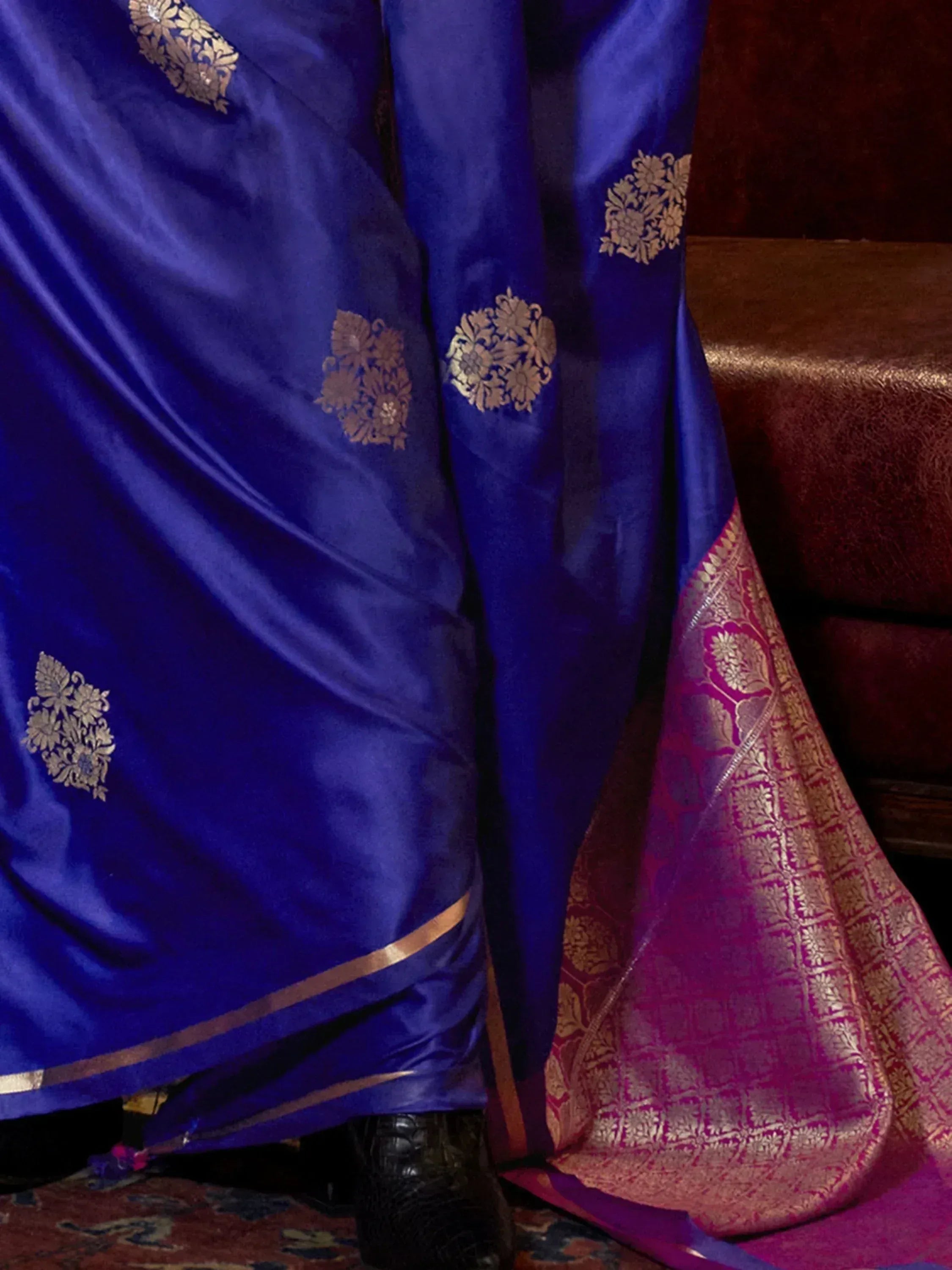 Royal blue silk saree with gold floral embroidery and magenta border, Indian ethnic wear