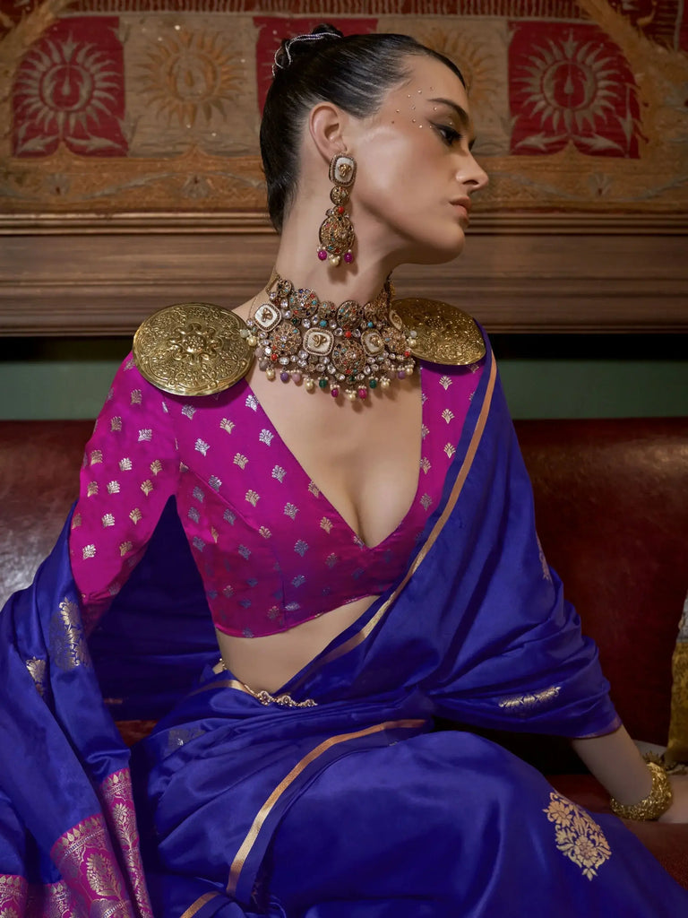 Beautifying Blue Zari Weaving Satin Wedding Wear Saree With Blouse