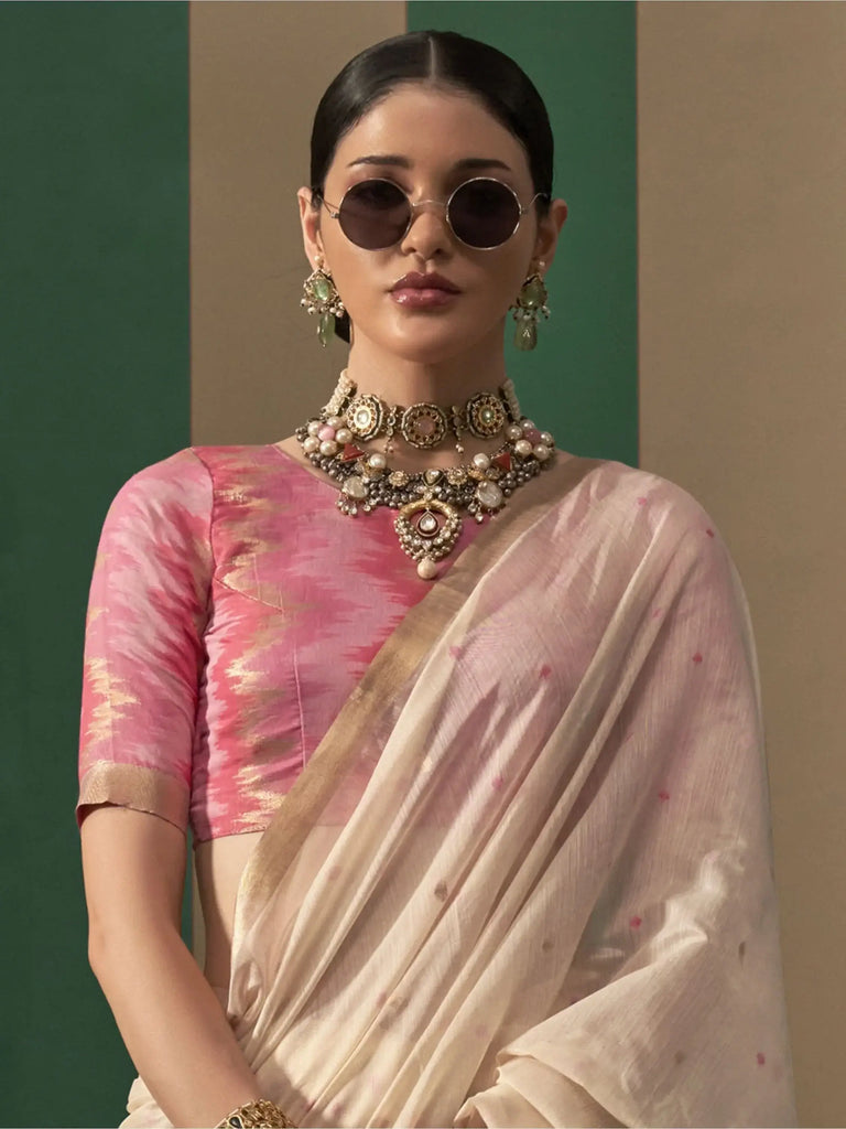 Alluring Cream Handloom Weaving Silk Function Wear Saree With Blouse
