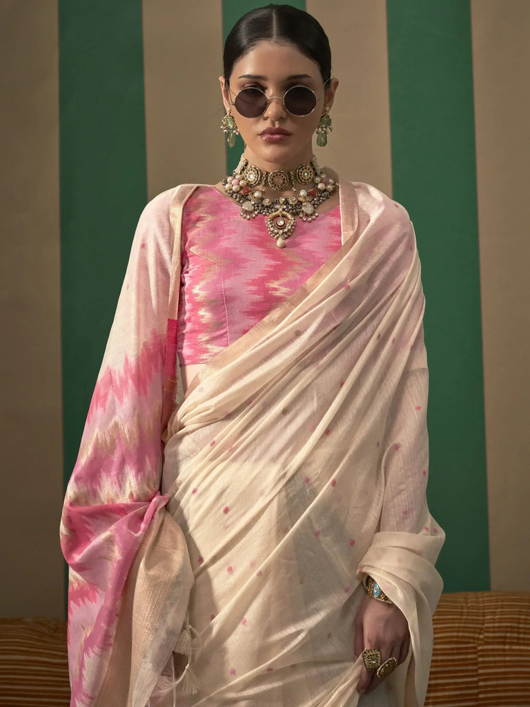 Alluring Cream Handloom Weaving Silk Function Wear Saree With Blouse