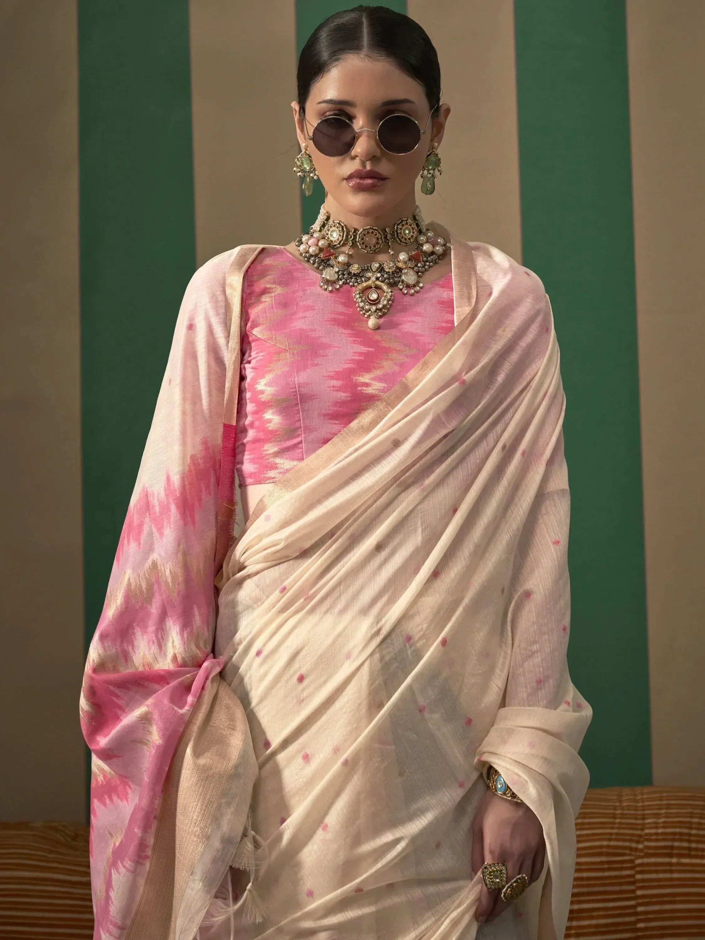 Alluring Cream Handloom Weaving Silk Function Wear Saree With Blouse