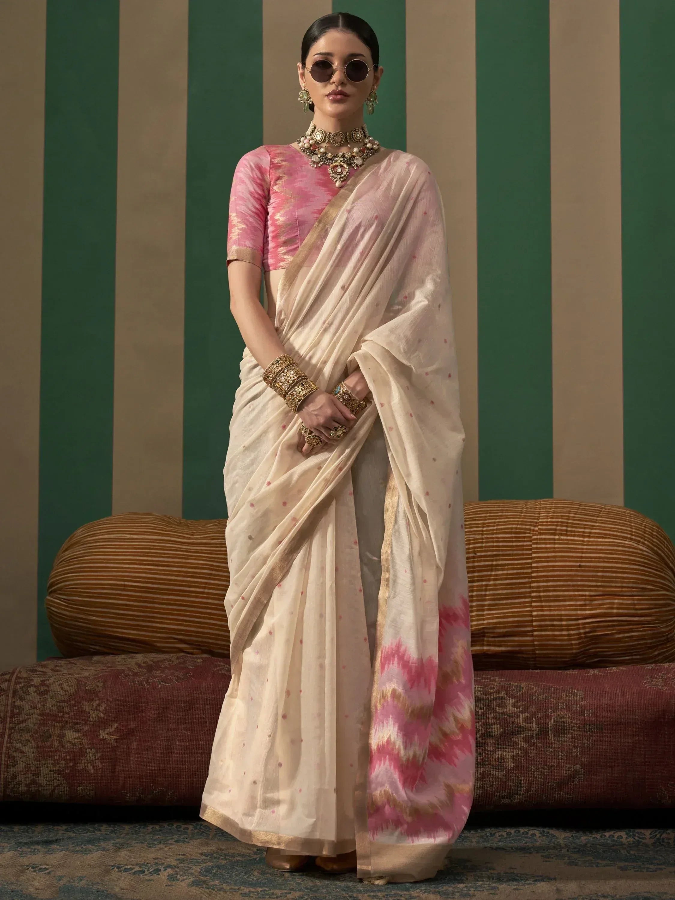 Alluring Cream Handloom Weaving Silk Function Wear Saree With Blouse