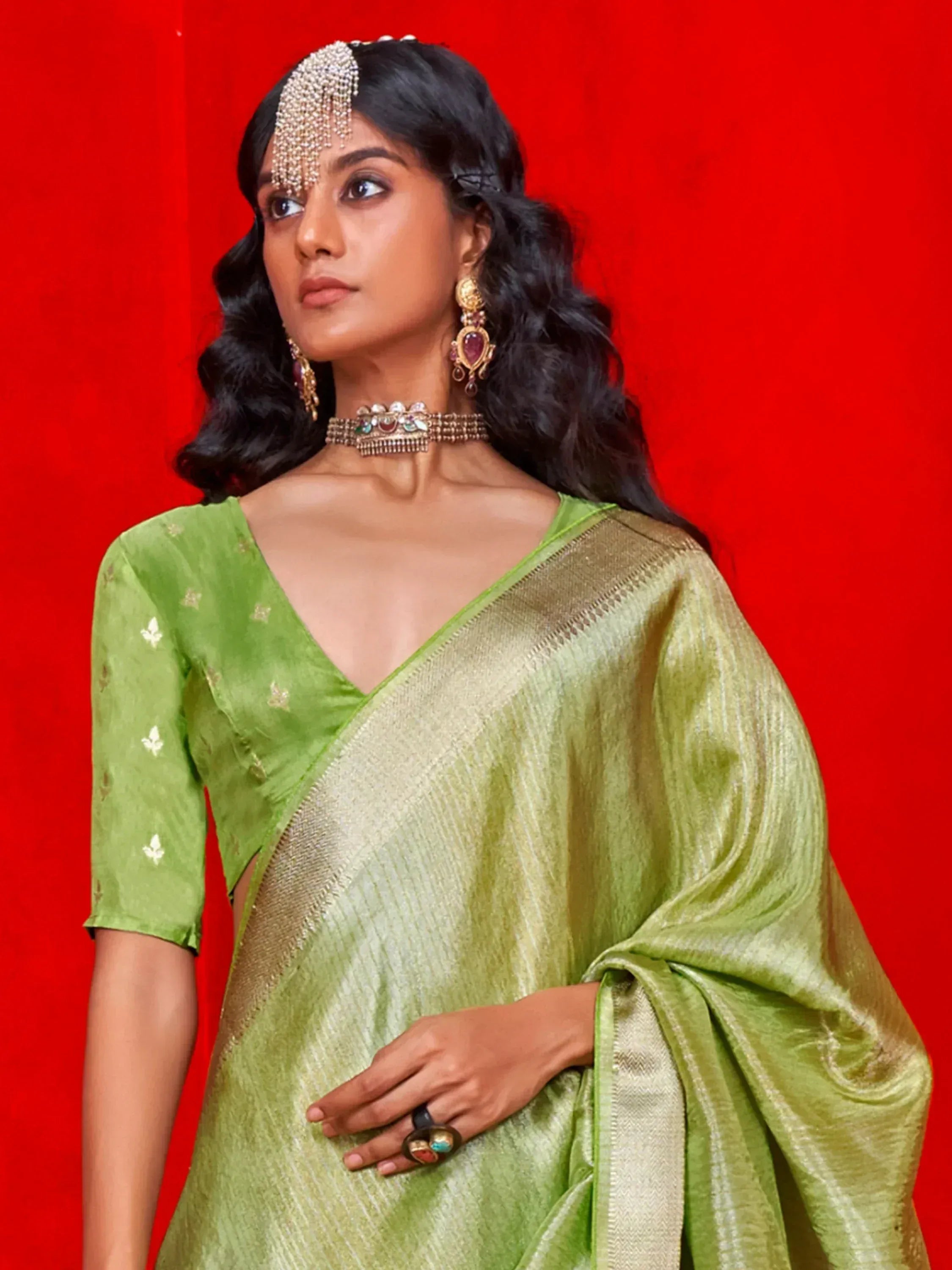 Woman in green ethnic saree with gold border, traditional jewelry, against red background