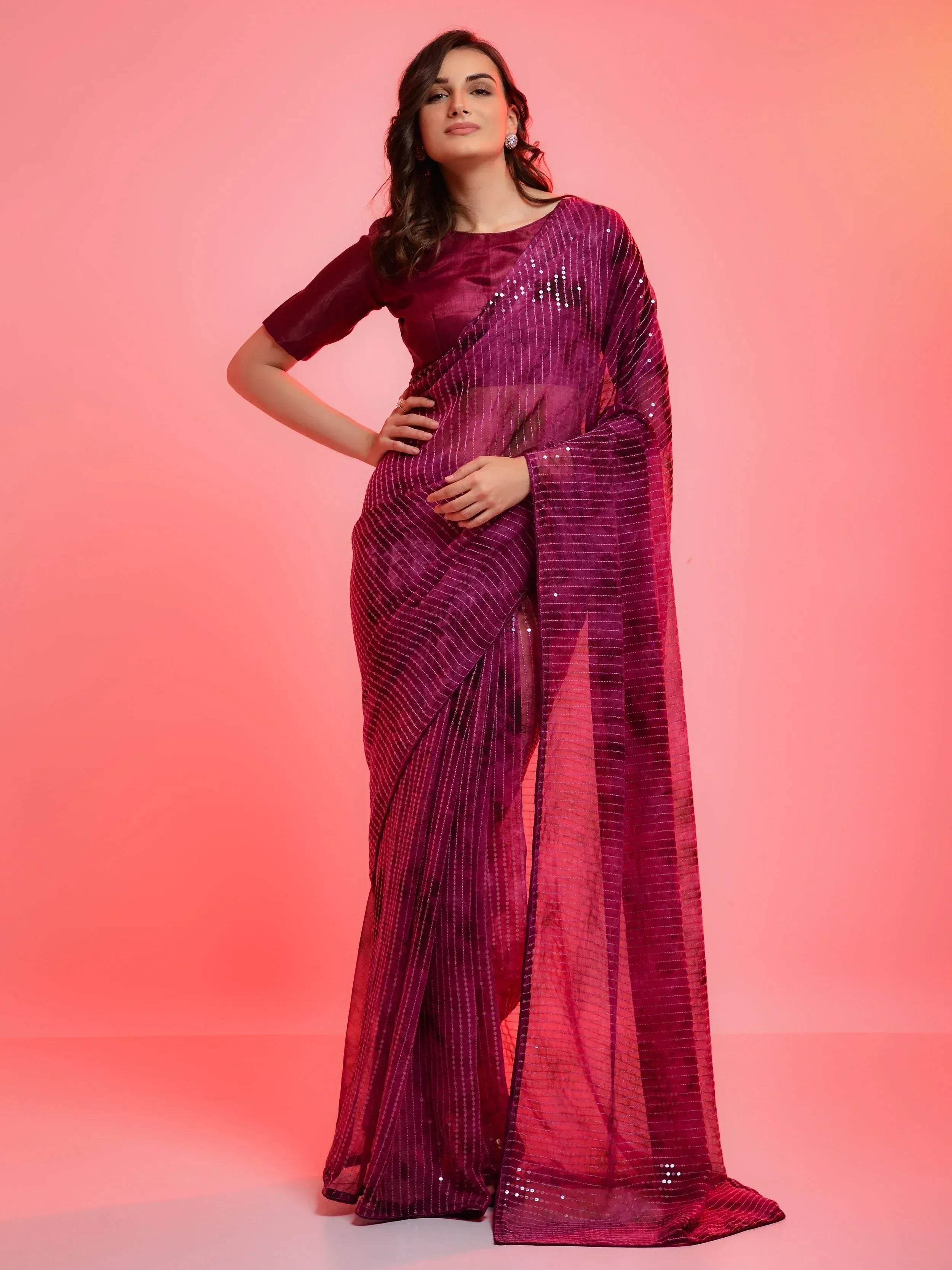 Purple sequin saree with striped pattern, Indian ethnic wear for women
