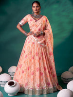 Fantabulous Peach Floral Printed Silk Event Wear Lehenga Choli
