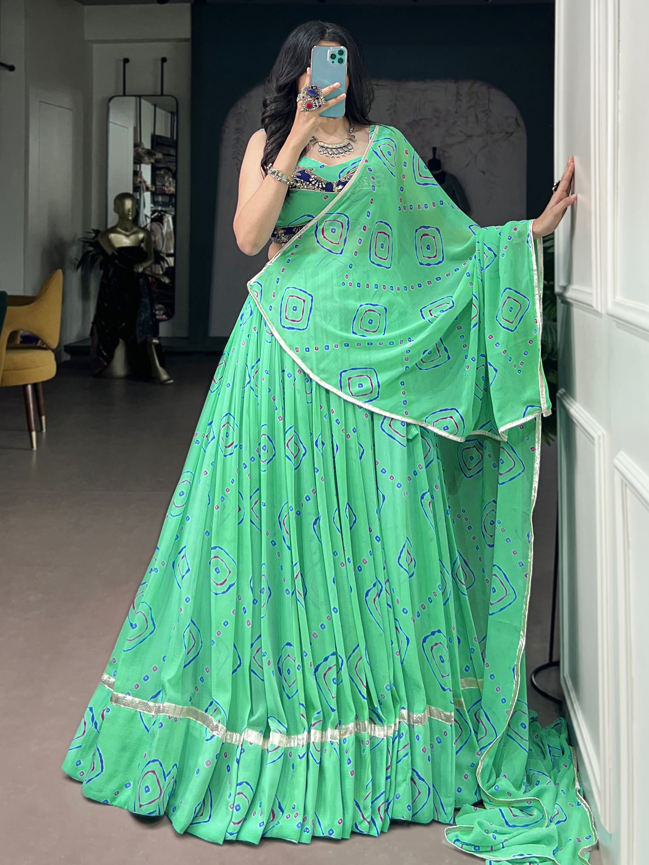 Classic Aqua Green Bandhej Printed Georgette Navratri Wear Lehenga Choli