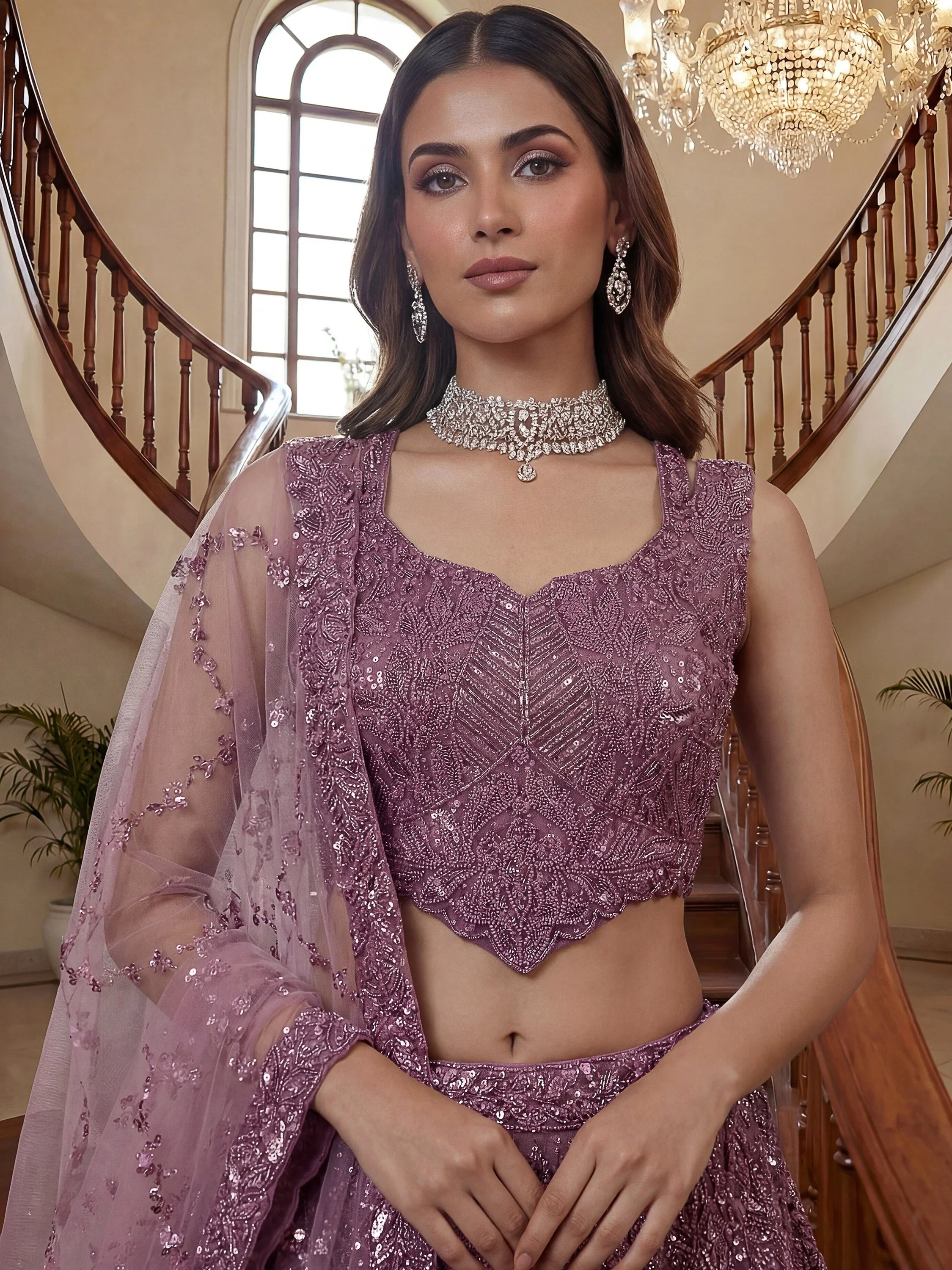 Impressive Purple Sequins Net Reception Wear Lehenga Choli
