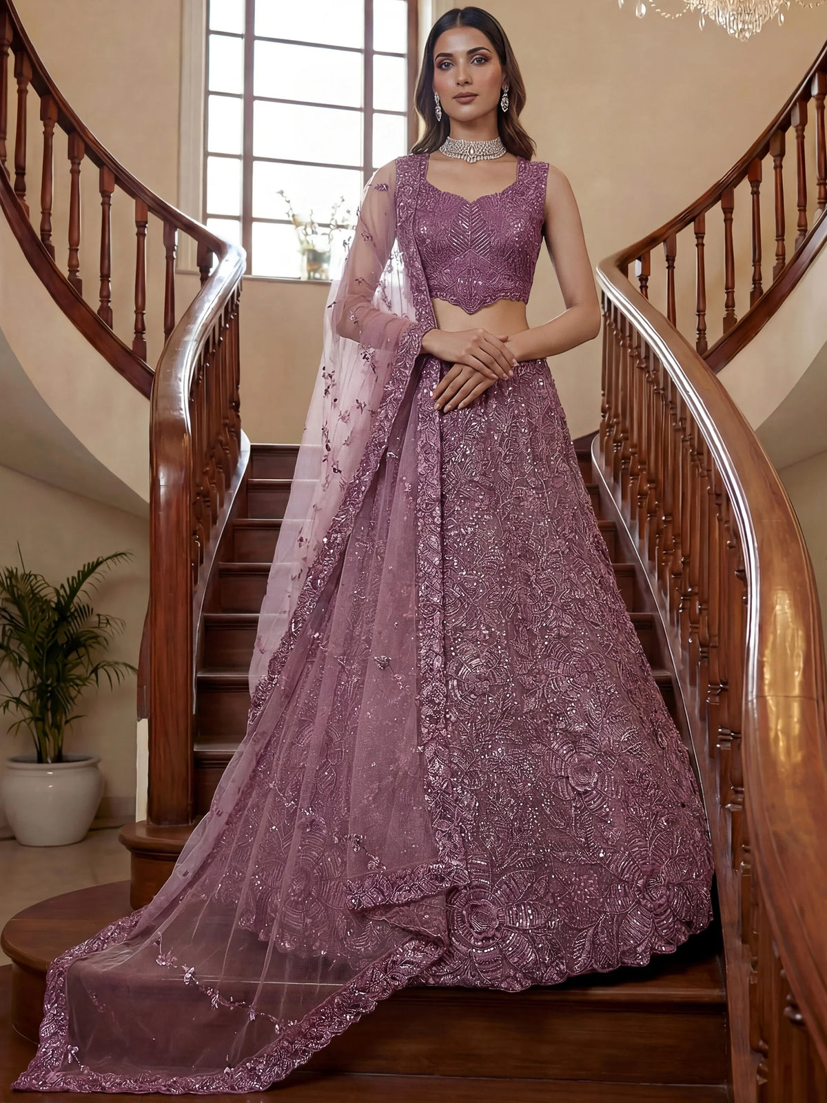 Impressive Purple Sequins Net Reception Wear Lehenga Choli