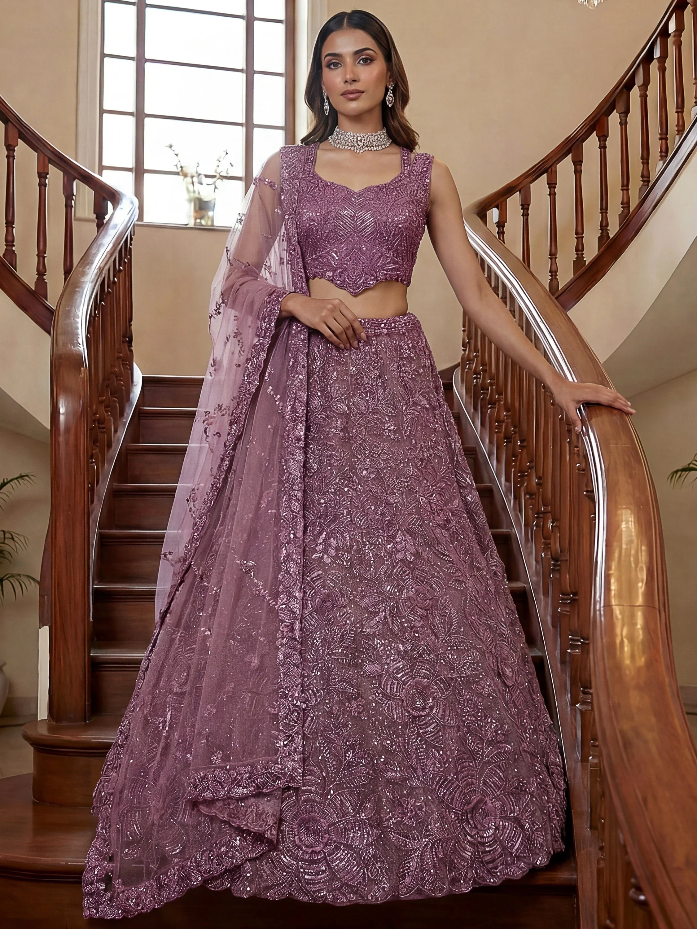 Impressive Purple Sequins Net Reception Wear Lehenga Choli