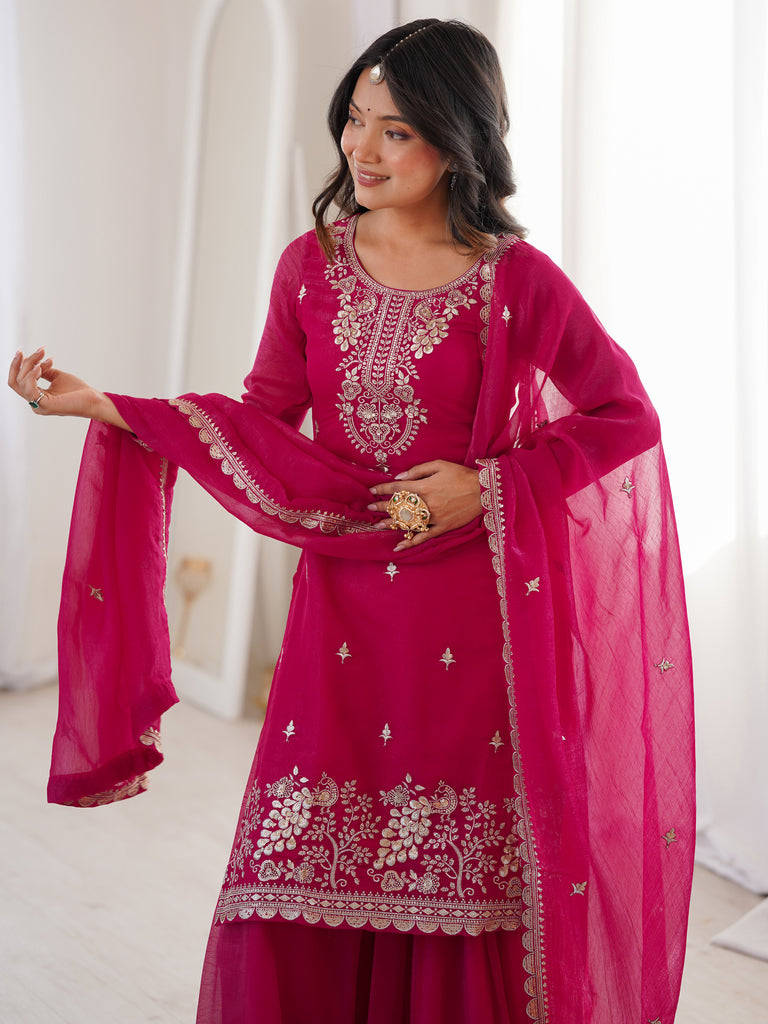 Pretty Hot Pink Embroidered Silk Engagement Wear Sharara Suit