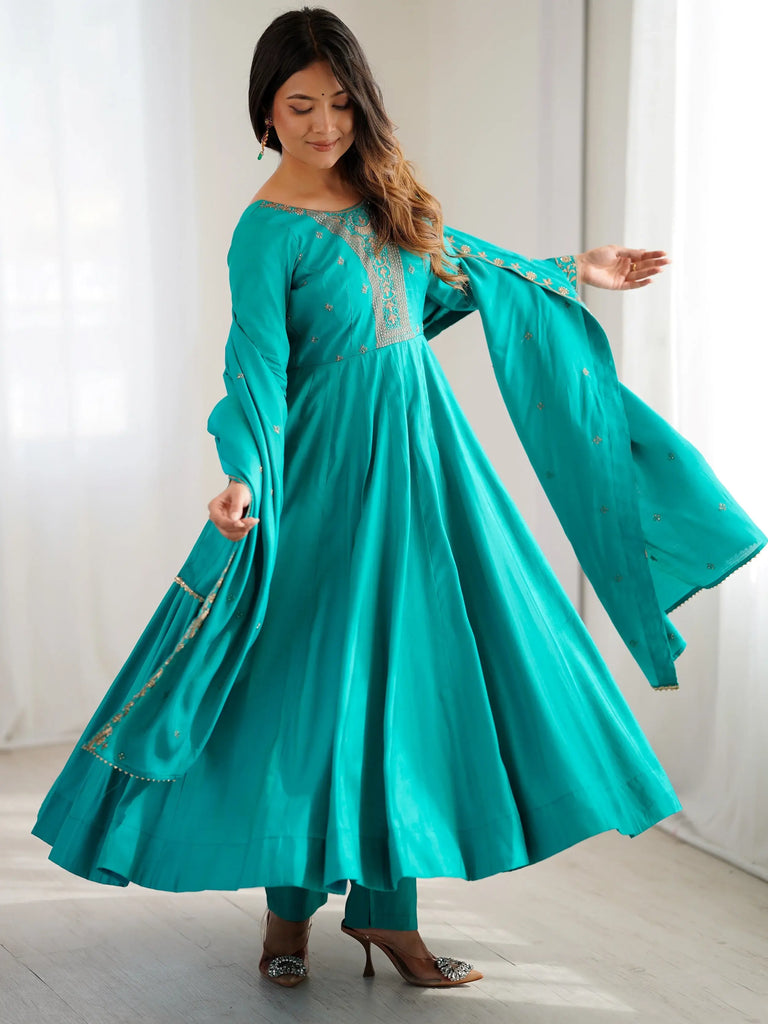 Sparkling Blue Beads Work Silk Festive Wear Salwar Kameez