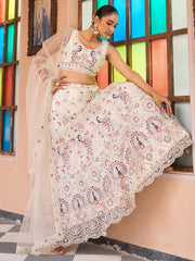 Stunning Cream Thread Embroidered Net Bridesmaid Lehenga Choli