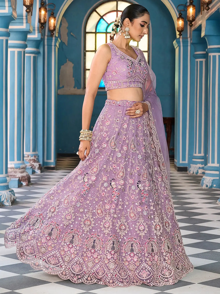Awesome Purple Sequins Embroidered Net Wedding Lehenga Choli