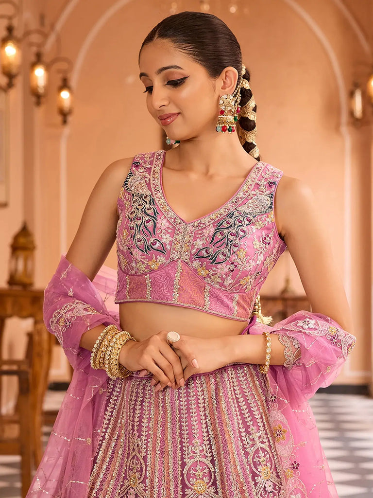 Fantastic Pink Thread Embroidered Net Engagement Wear Lehenga Choli