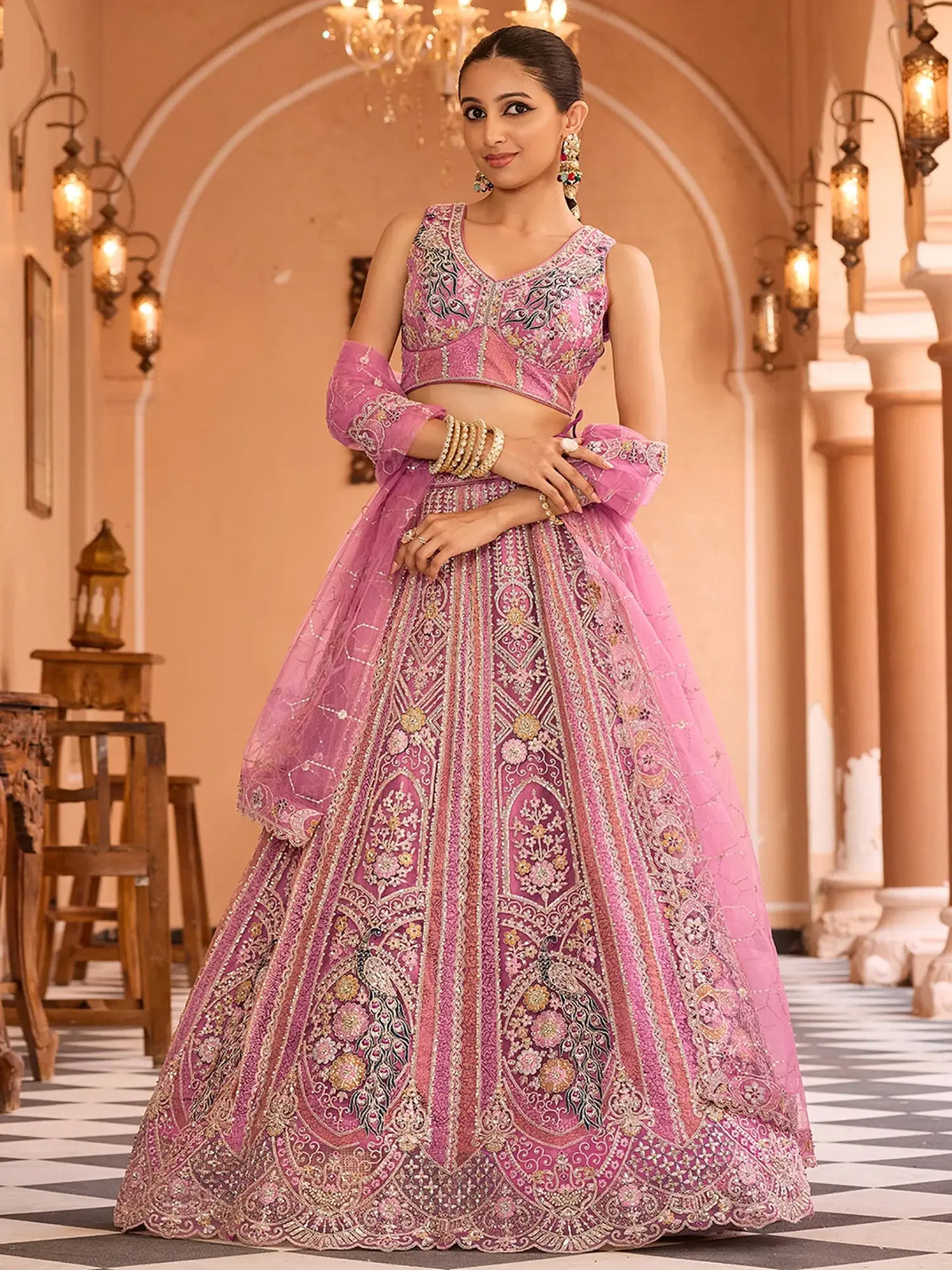 Fantastic Pink Thread Embroidered Net Engagement Wear Lehenga Choli