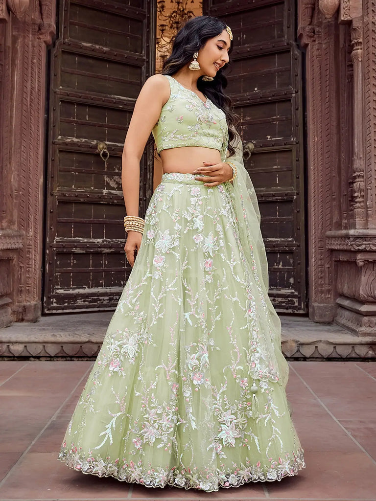 Gorgeous Pista Thread Embroidered Net Bridesmaid Lehenga Choli