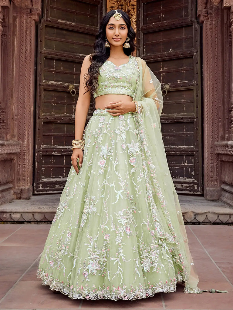 Gorgeous Pista Thread Embroidered Net Bridesmaid Lehenga Choli