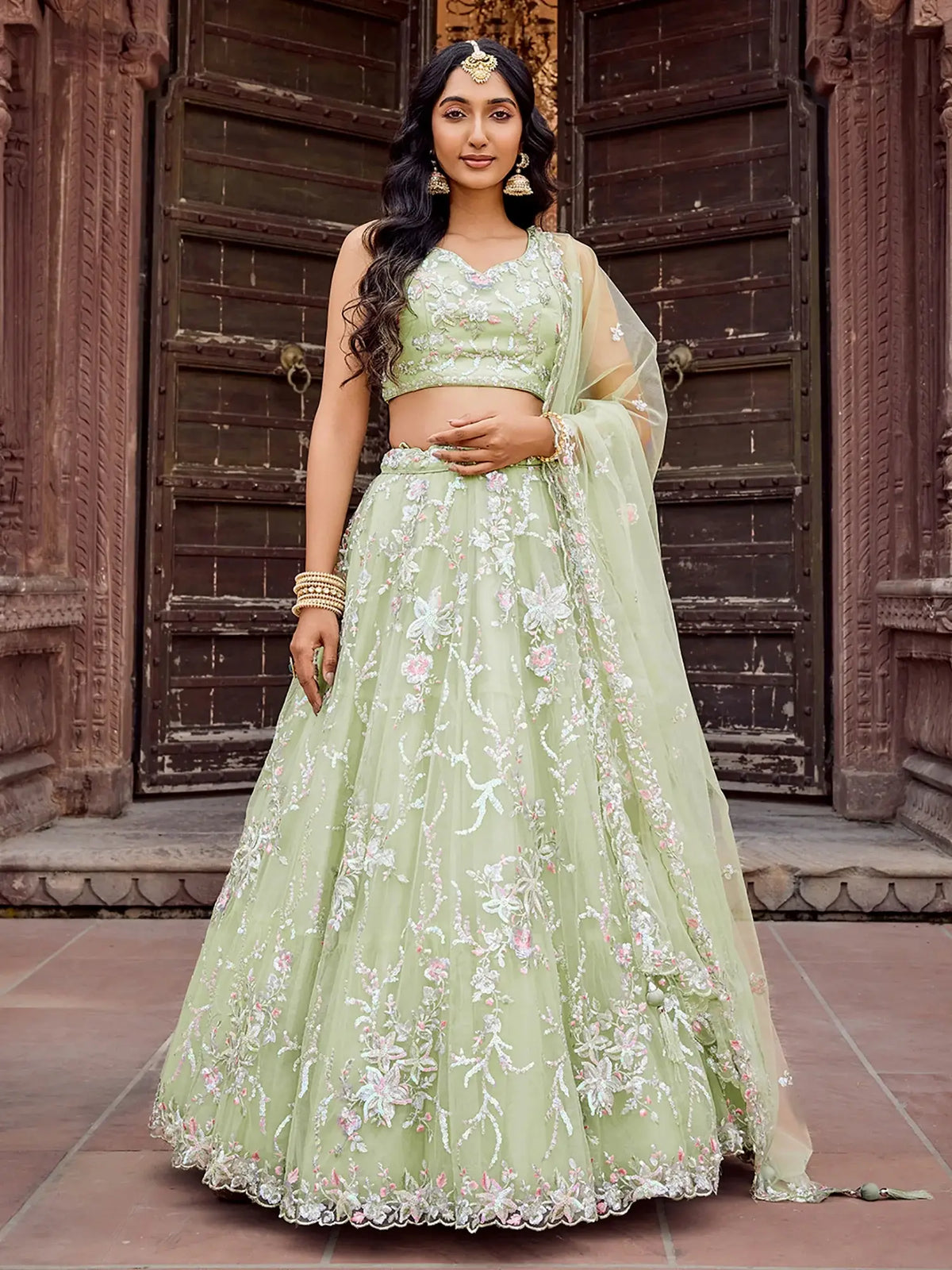 Gorgeous Pista Thread Embroidered Net Bridesmaid Lehenga Choli