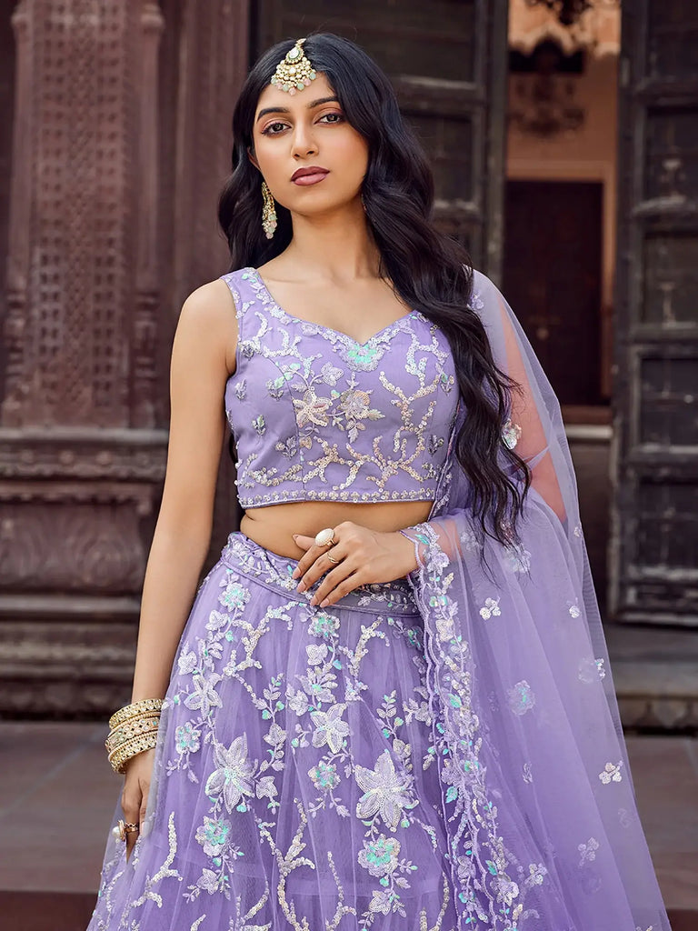 Glamorous Purple Thread Embroidered Net Reception Wear Lehenga Choli