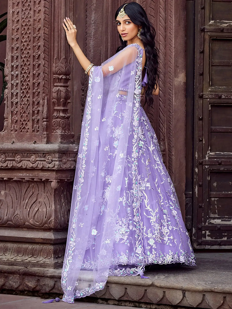 Glamorous Purple Thread Embroidered Net Reception Wear Lehenga Choli