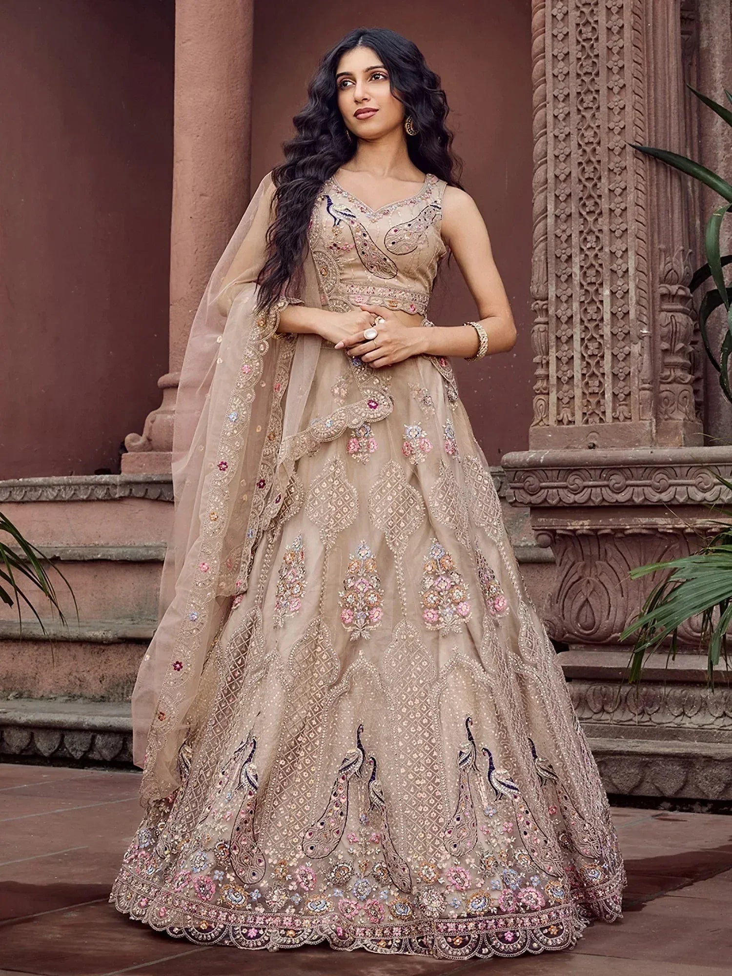 Elegant Beige Thread Embroidered Net Engagement Wear Lehenga Choli