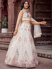 Stunning Cream Sequins Embroidered Net Wedding Wear Lehenga Choli