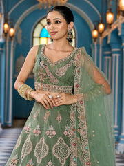 Attractive Green Thread Embroidered Net Engagement Wear Lehenga Choli